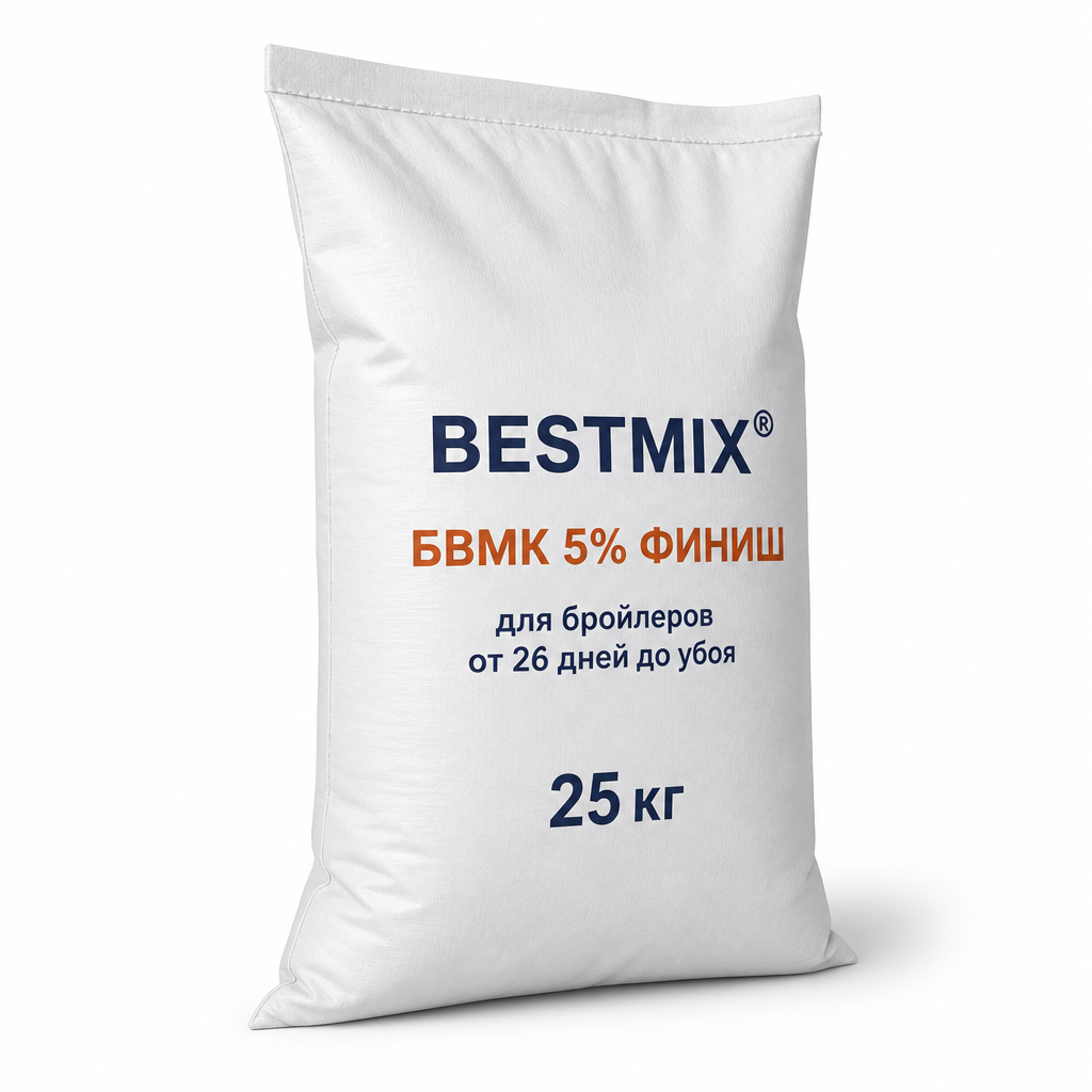 Иллюстрация ИИ — BESTMIX® БВМК 5% ФИНИШ — для бройлеров в возрасте от 26 дней и до убоя (упаковка 25 кг)