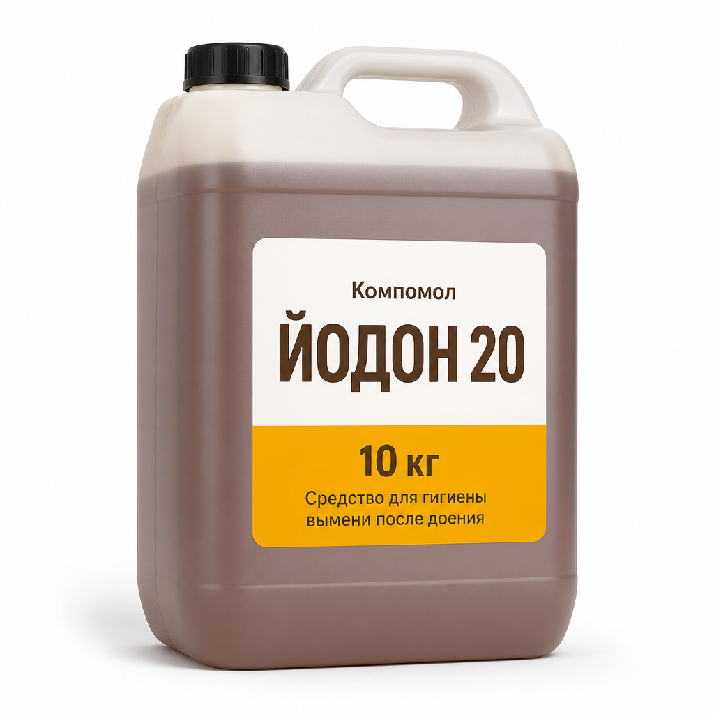 Иллюстрация ИИ — Компомол ЙОДОН 20 — для гигиены вымени после доения на основе йода (упаковка 10 кг)