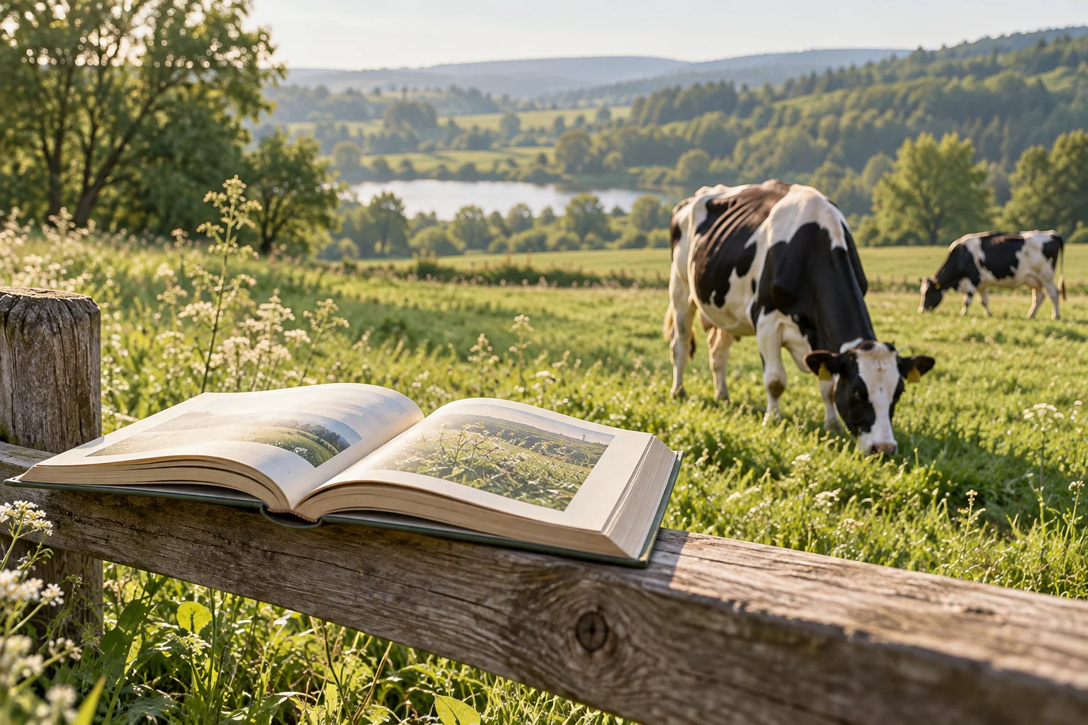 Открытая книга и коровы на зелёном пастбище